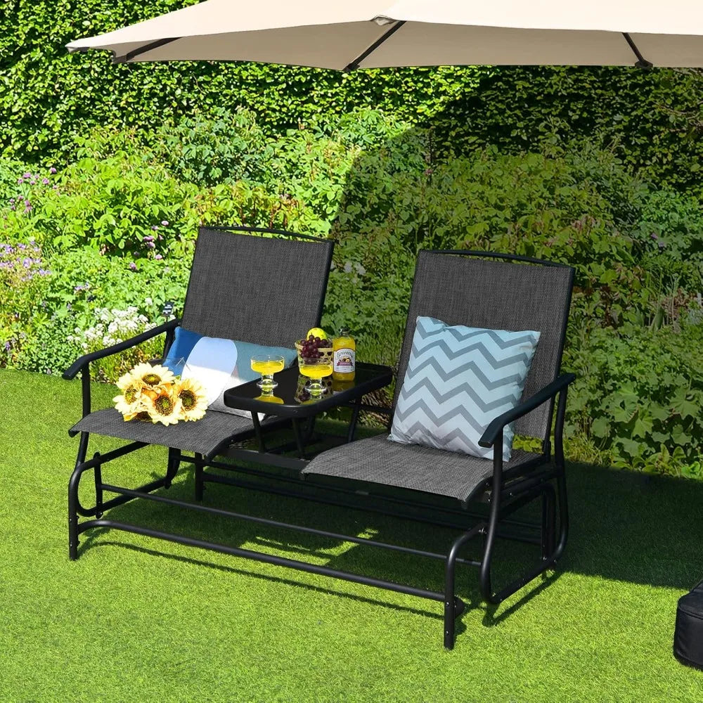 Glider Chair, Patio Rocking Loveseat w/Center Tempered Glass Table, Swing Bench w/Steel Frame for 2