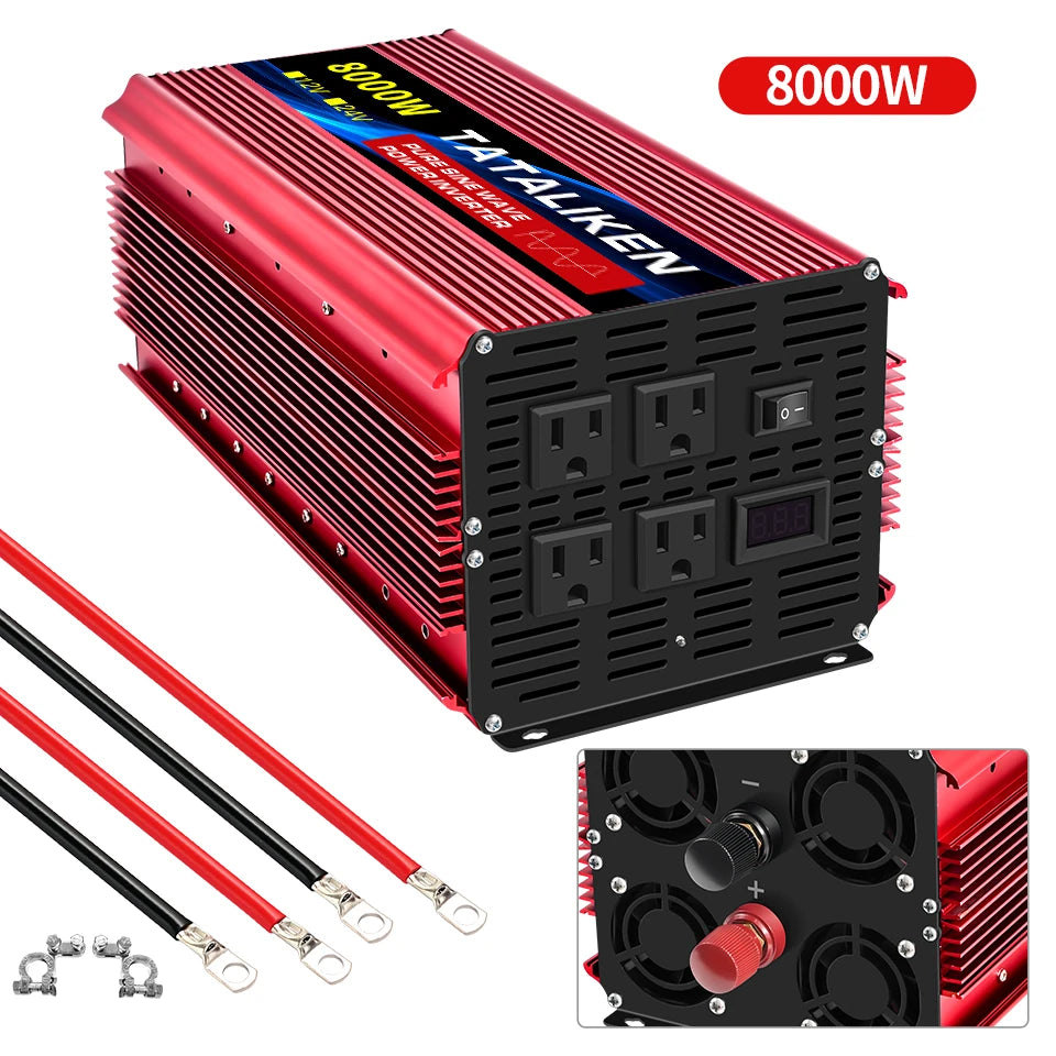 Power Inverter 10000W DC12V to AC110V 60HZ Pure Sine Wave Inverter w/LCD Display Remote 4AC Outlets