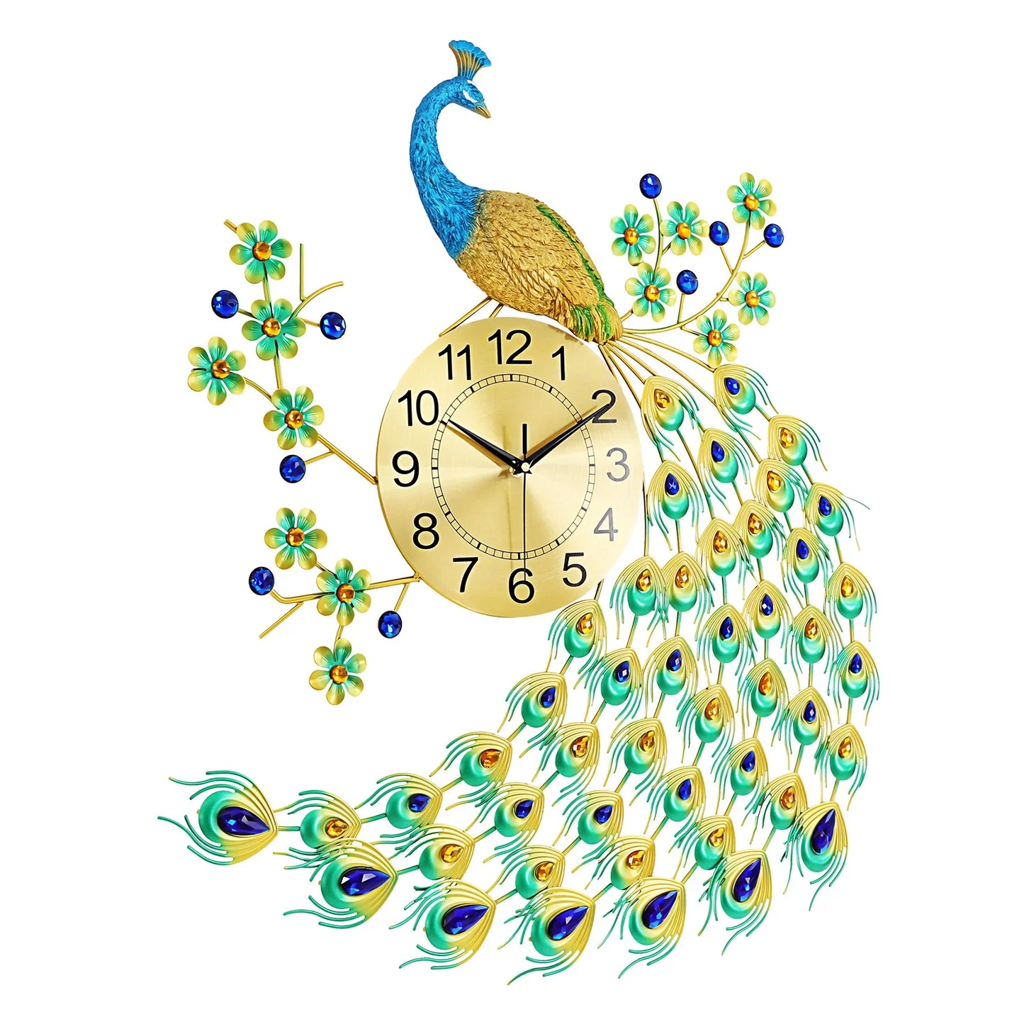 3D Creative Luxury Wall Clock Silent Non-Ticking Battery Operated Big Clock 29.5" Large Peacock