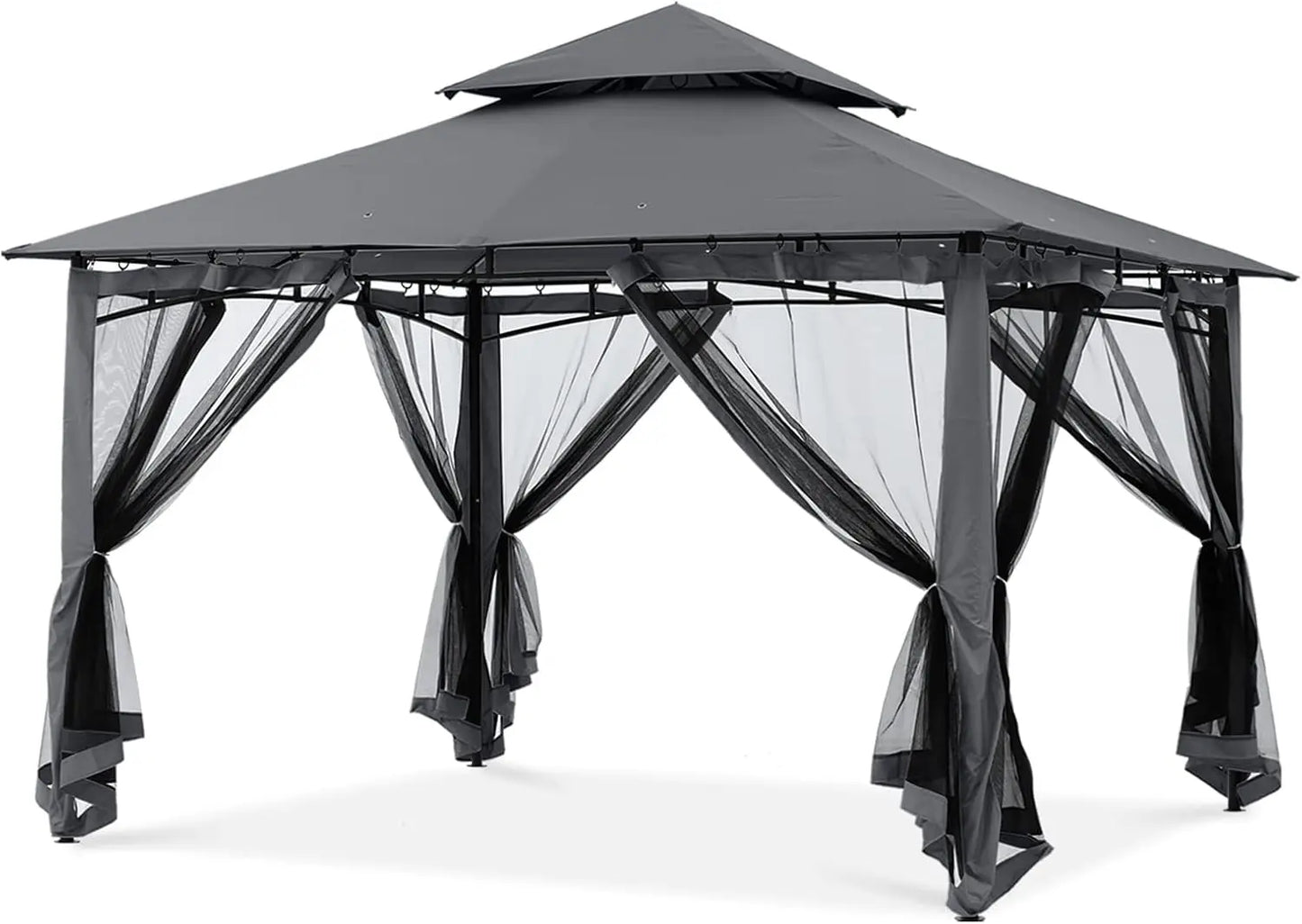 Outdoor Garden Gazebo w/Steel Frame & Netting Walls 10x10 Black- Rustproof & Stable Double Tiered