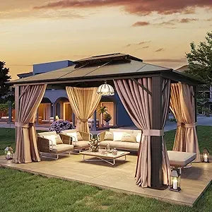 12'x10' Hardtop Gazebo, Aluminum Frame Permanent Pavilion with Curtains and Netting, Polycarbonate