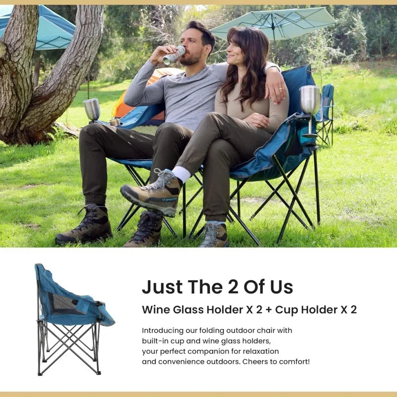 Arrowhead Outdoor Portable Folding Double Camping Chair Loveseat w/ 2 Cup & Wine Glass Holder