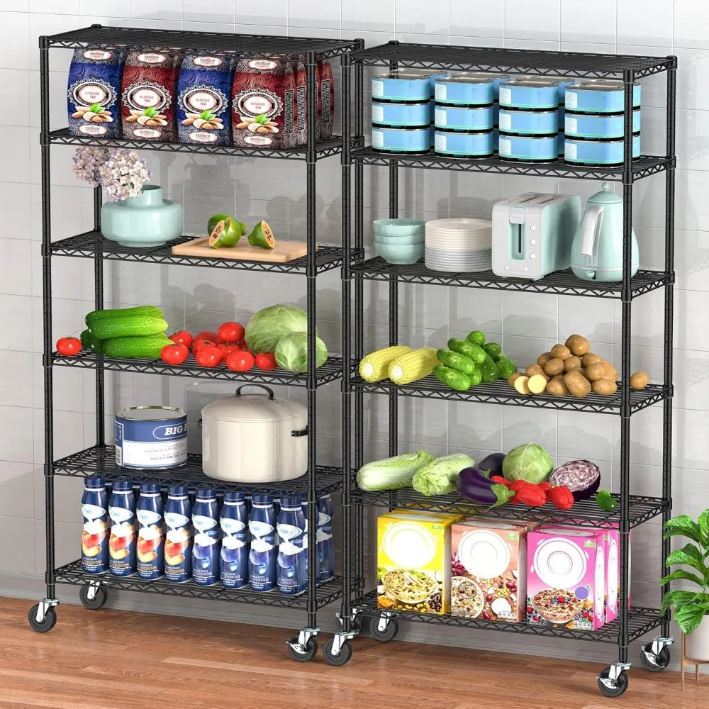 5 Tier Storage Shelves w/Wheels - Metal Shelves for Storage Adjustable Wire Shelving Unit Organizer