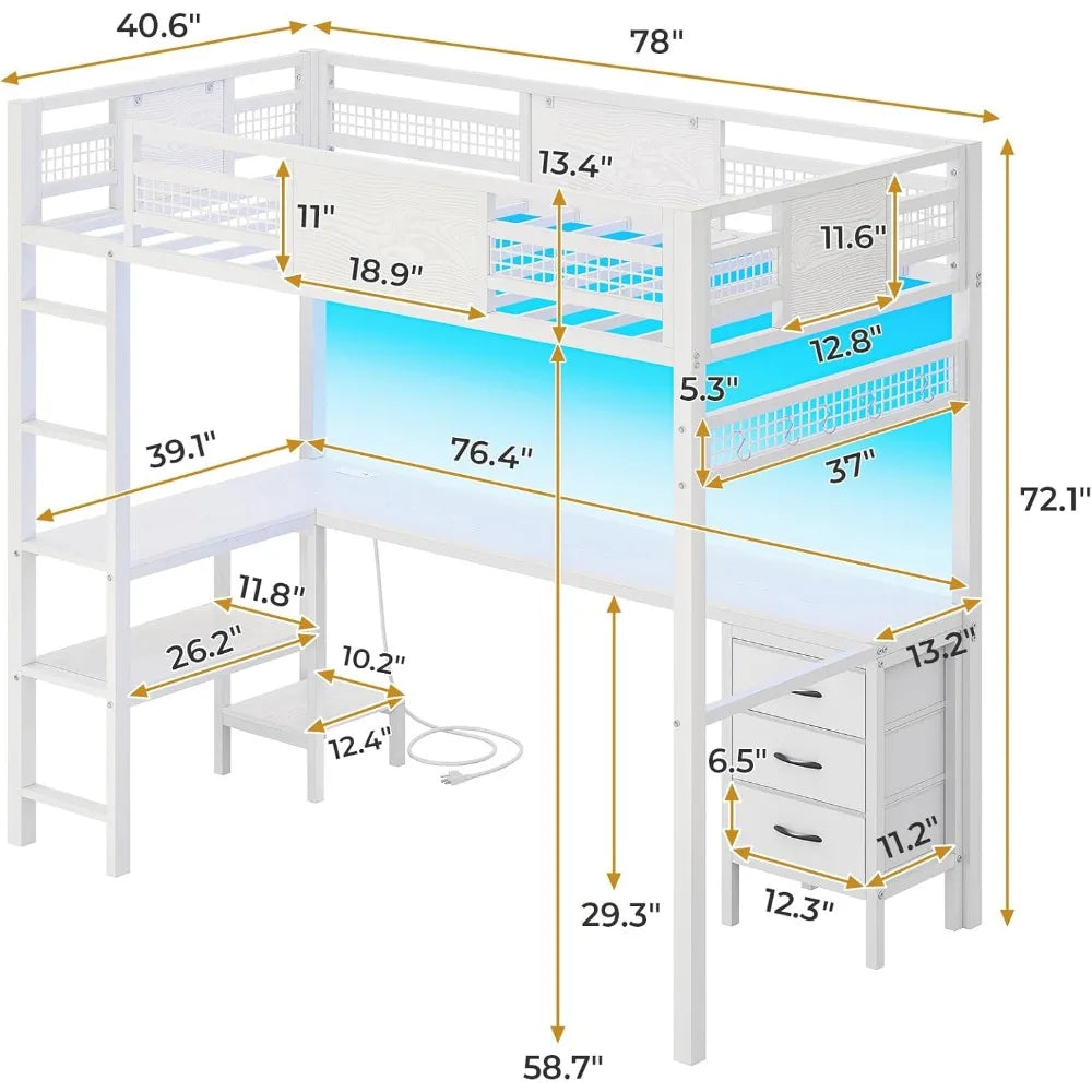 Loft Bed Twin Size, L-Shaped Desk Charging Station and LED Lights, 4-Tier Bookshelf and 3 Drawers