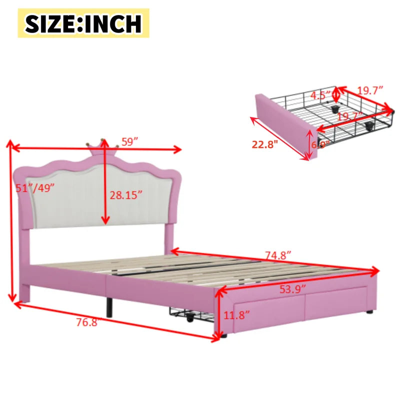 Full size padded bed frame with LED lights, princess bed/crown headboard, 2 drawers, pink+white