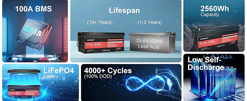 Dumfume 25.6V 100Ah Lifepo4 Lithium Battery 2560w/With 100A BMS 12.8V 100/300/600Ah 38.V 100Ah