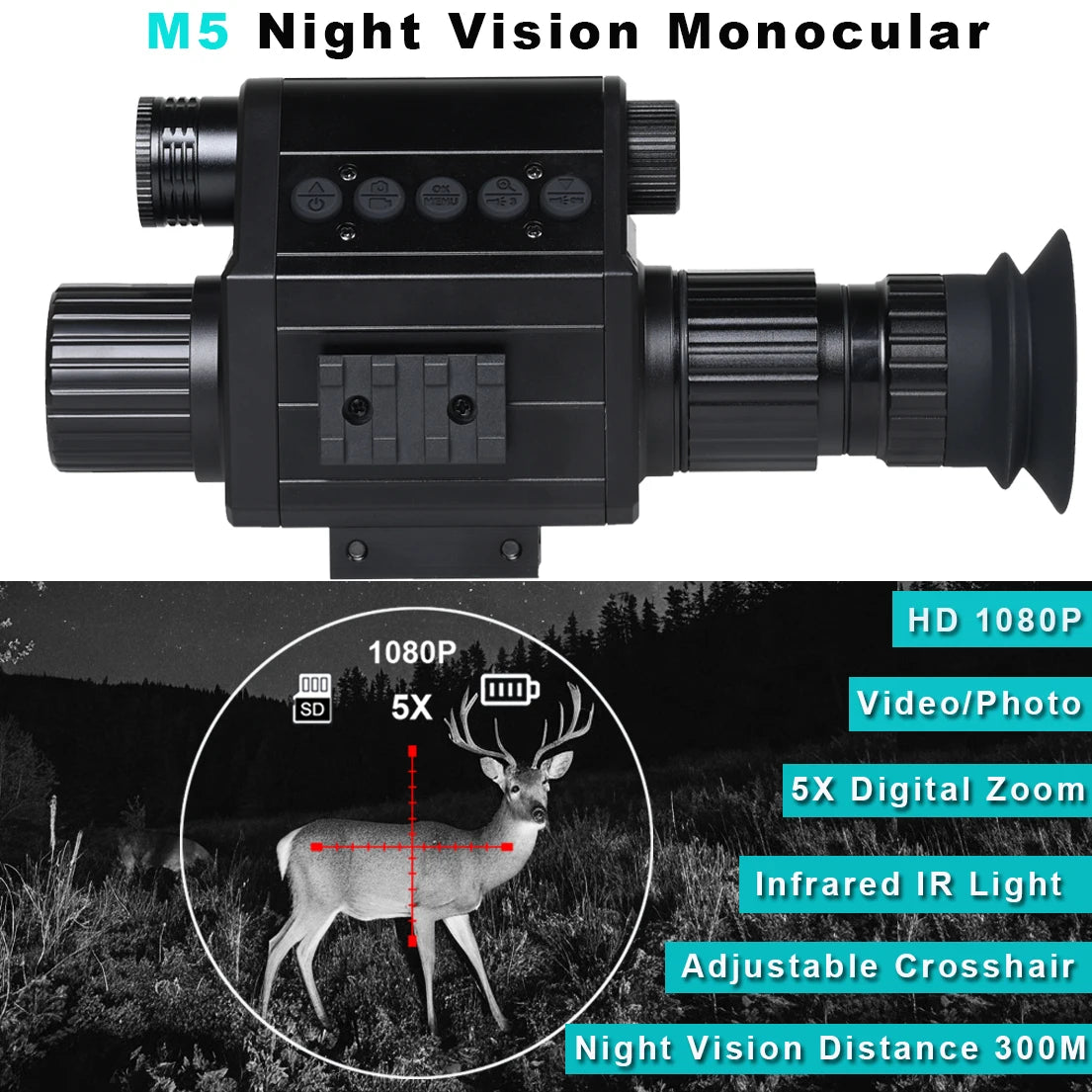 Digital Night Vision Riflescope 940nm IR Scope Sight Monocular 5X Zoom HD 1080P Video Photo 300m
