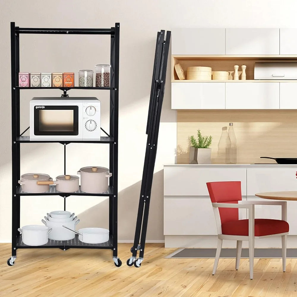 5-Tier Heavy Duty Foldable Metal Rack Storage Shelving Unit With Wheels Moving Easily Organizer