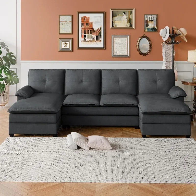 110" U-Shaped 4 Seat Sectional Sofa with Double Chaise, Modern Fabric Modular Couch Sleeper