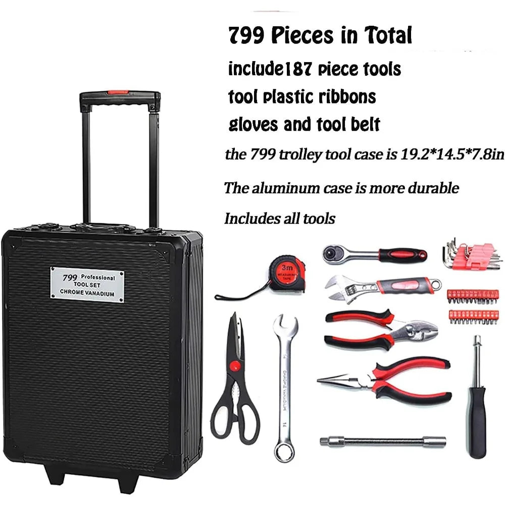 799pcs Aluminum Trolley Case Tool Set Silver, Household Hand Tool Set, with Tool Belt,Gift