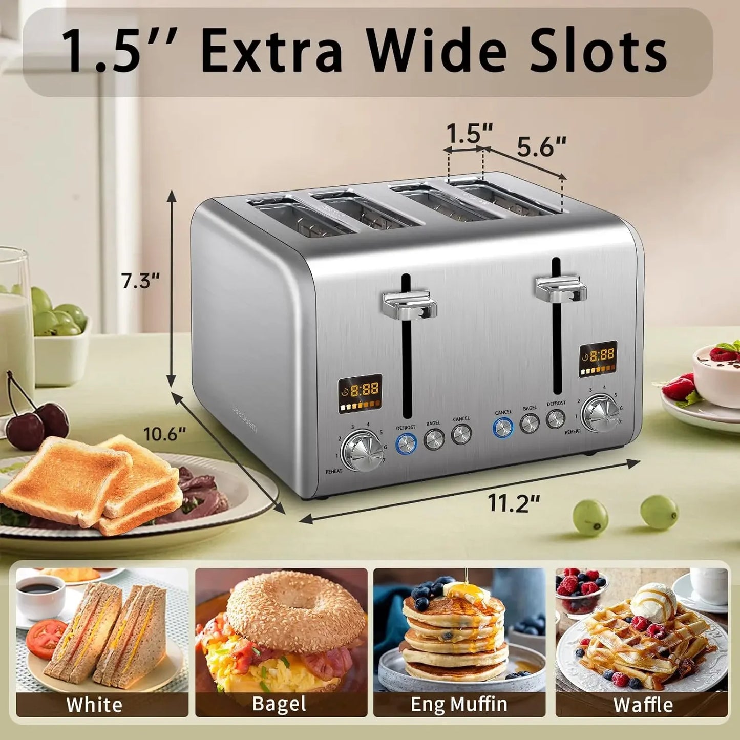 4 Slice Toaster Stainless Bread Toaster Color LCD Display 7 Bread Shade Settings 1.5'' Wide Slot