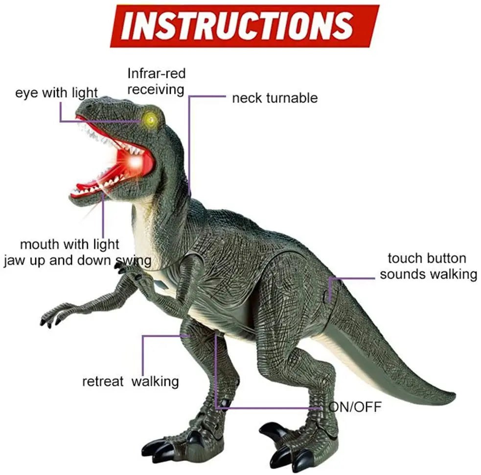 Remote Control R/C Walking Dinosaur Toy with Shaking Head, Light Up Eyes & Sounds (Velociraptor)