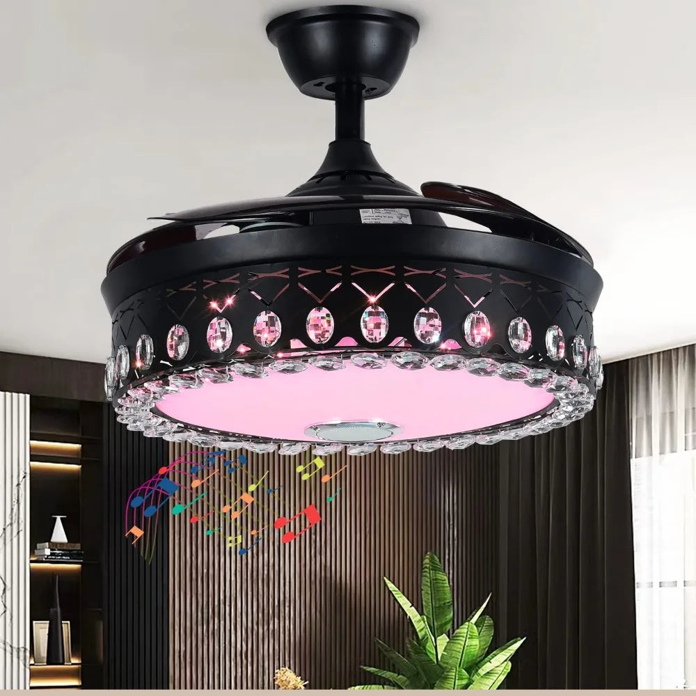 Smart Ceiling Fan/Light, Bluetooth Speaker Chandelier/ Retractable Blades Fandeliers w/Remote