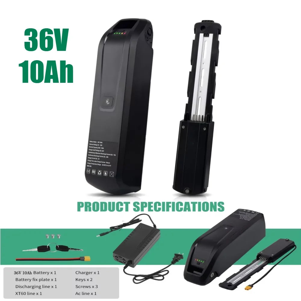 36V 48V Hailong Ebike Battery w/Charger Full Capacity 10Ah 15Ah 20Ah 18650 Lithium Battery Pack