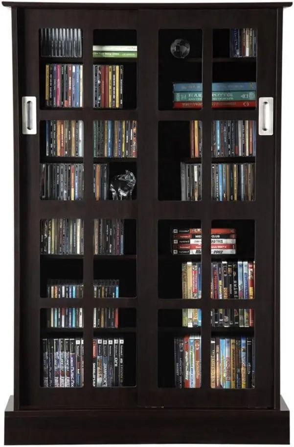 Windowpane Media Storage Cabinet with Tempered Glass Pane Styled Sliding Doors, Holds CD/DVD/Blu-ray