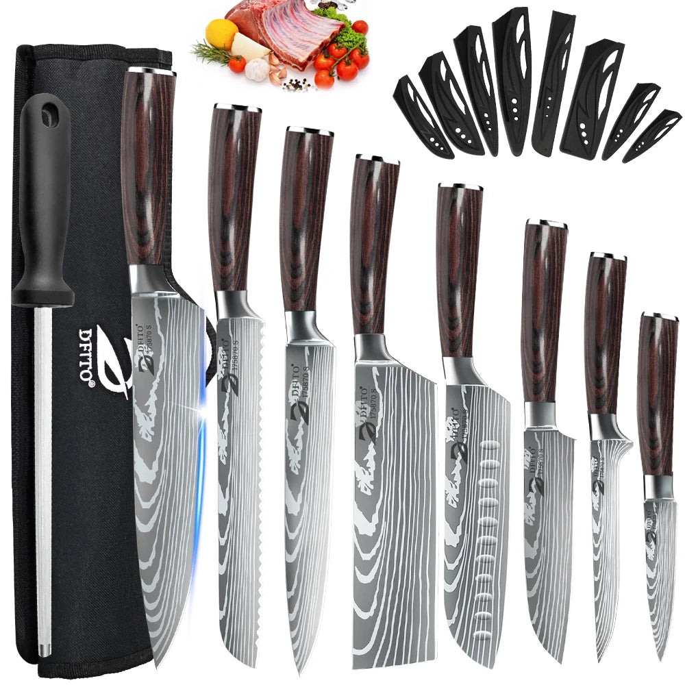 KEPEAK Kitchen Knife Set 7Cr17Mov Stainless Steel Chef Knife Ultra Sharp Santoku Cleaver Utility