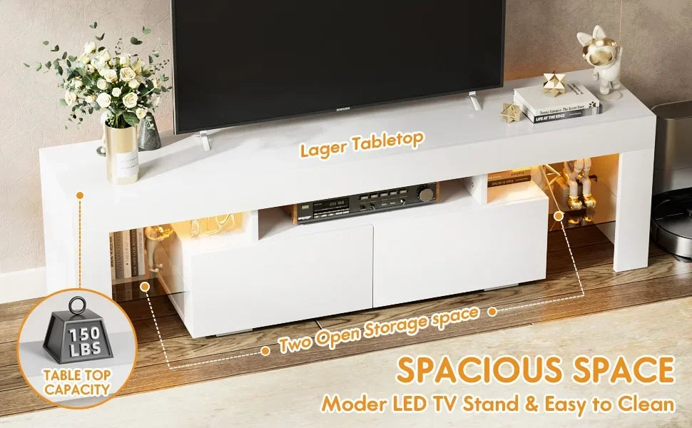 Modern LED TV Stand for Televisions up to 70 Inch w/Glass Shelves and Drawer, Gaming Entertainment