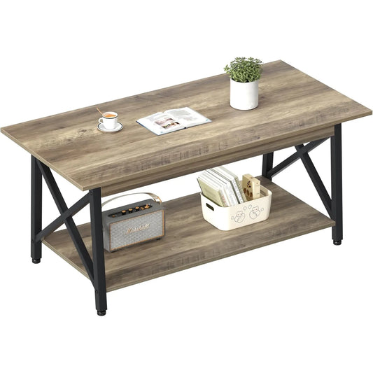 US Coffee Table with Storage, 39inch Modern Coffee Tables for Living Room, X-Frame Design Farmhouse