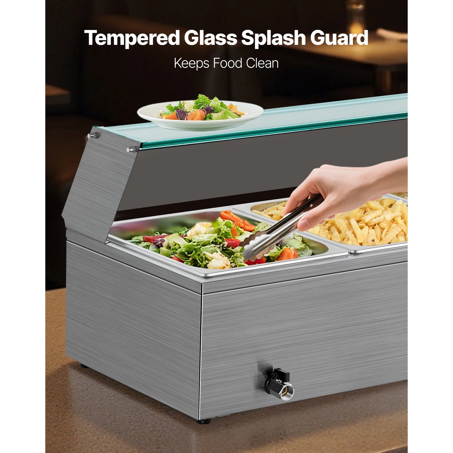 SucceBuy Commercial Food Warmer Electric Stainless Steel Steam Food Warmer with Glass Cover 3-Pan