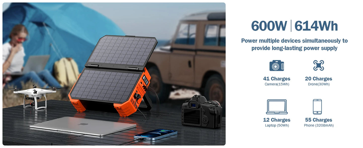 Portable Power Station w/Built-in Solar Panel 614WH/192000mAh LiFePO4 Battery Pack,600W AC/DC/USB/PD