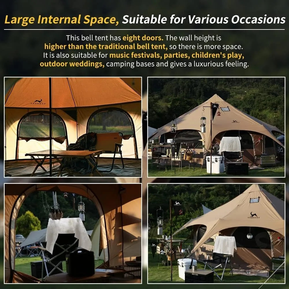 Canvas Bell Tent 16.4ft*High 9.2ft w/Stove Jack/Family Camping Zipped Removable Floor