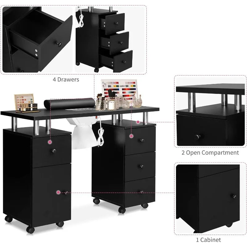 Manicure Table Desk for Tech, Table Station w/Electric Dust Collector, Makeup Storage