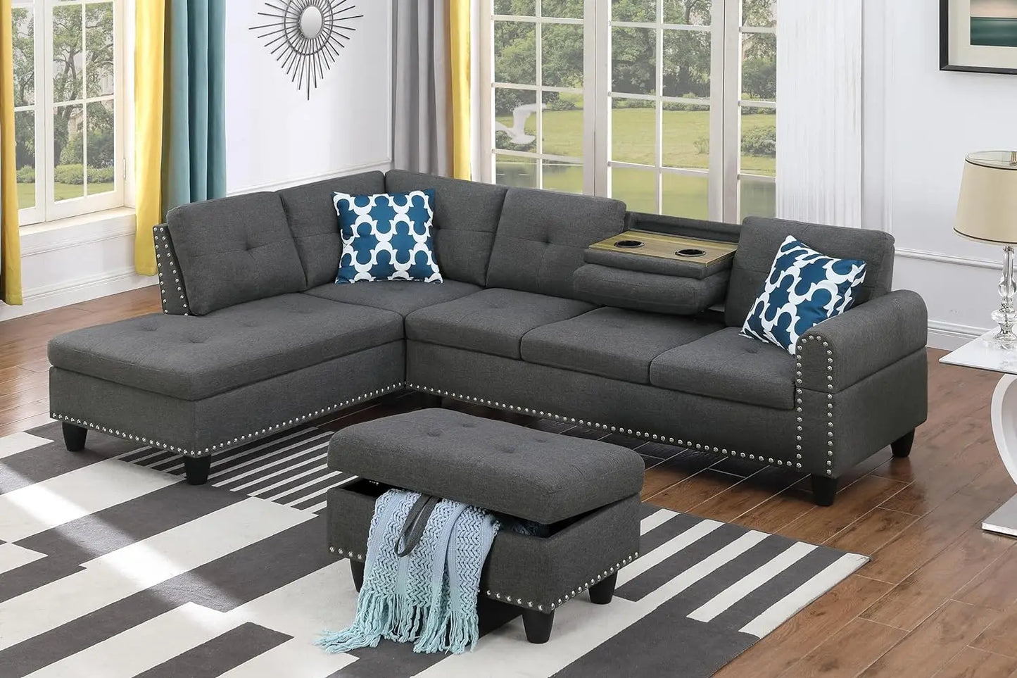 Faux Leather Sectional Sofa with Removable Storage Ottoman,L-Shape Upholstered 6 Seater Couch