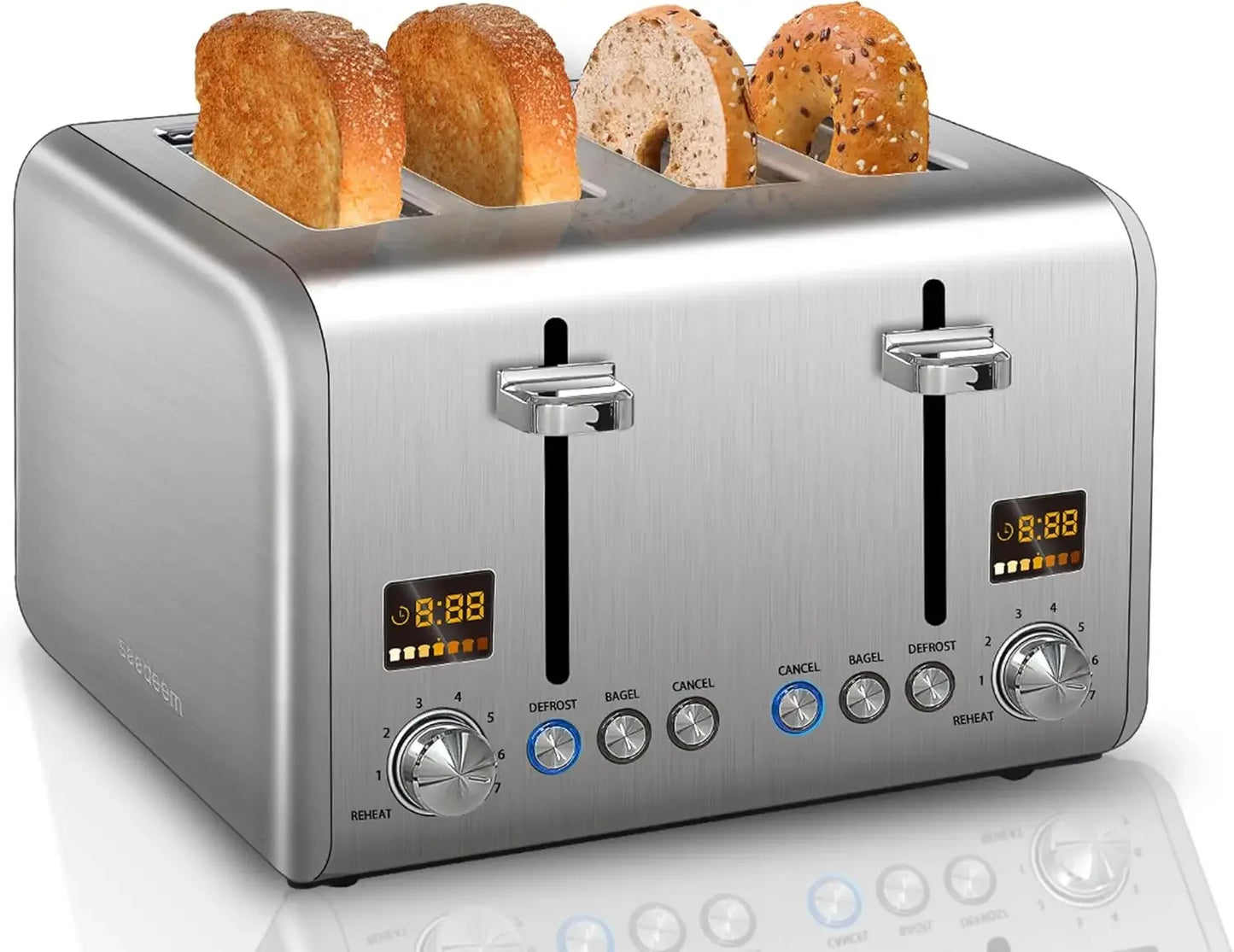 4 Slice Toaster Stainless Bread Toaster Color LCD Display 7 Bread Shade Settings 1.5'' Wide Slot