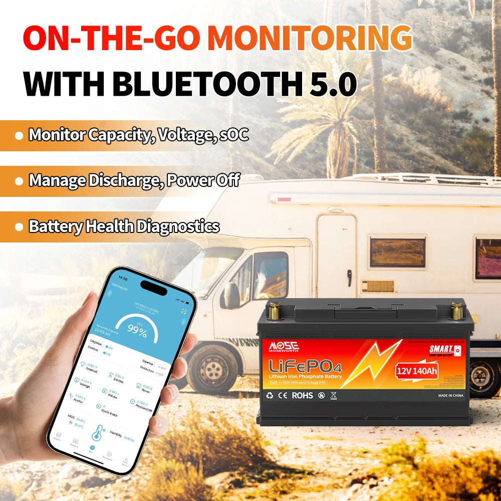 12V 24V LiFePO4 Battery w/Bluetooth 100Ah 140Ah 168Ah Lithium Iron Phosphate Battery Rechargeable