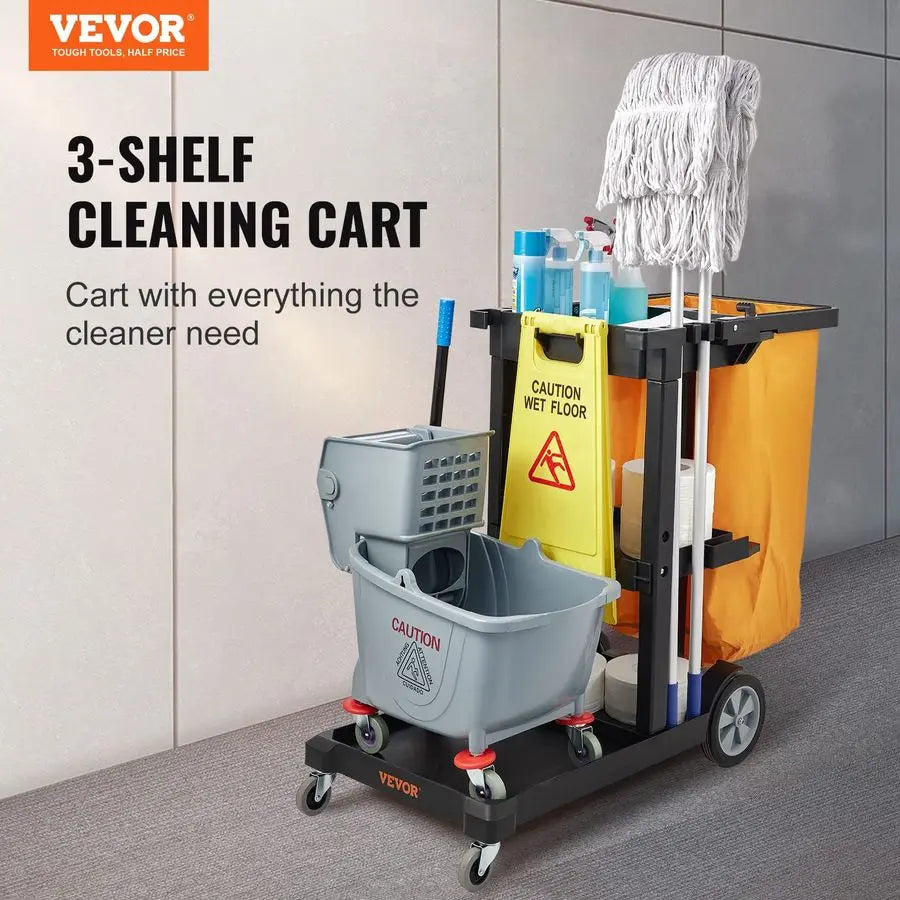 Cleaning Cart, 3Shelf Commercial Janitorial Cart, 200 lbs Capacity Plastic Housekeeping Cart