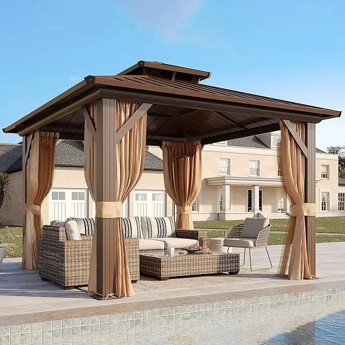 10' x 10' Gazebo Hardtop w/Aluminum Frame,Galvanized Steel Double Roof Gazebos w/Curtain and Netting