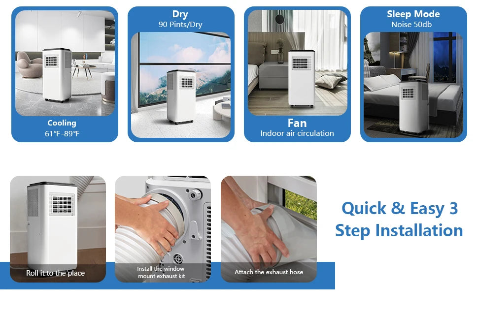 8000 BTU Portable Air Conditioner 3-In-1 Cooling Fan Dehumidifier Remote Control LED Display