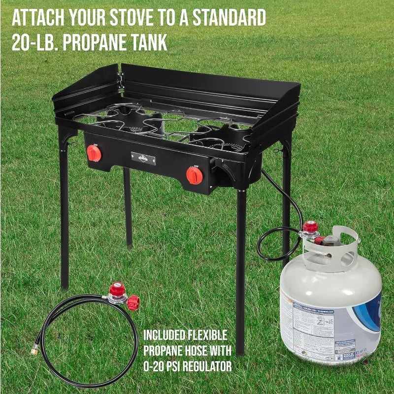 Cast Iron Double-Burner Outdoor Gas Stove 150,000 BTU Portable Propane Cooktop w/Blue Flame Control