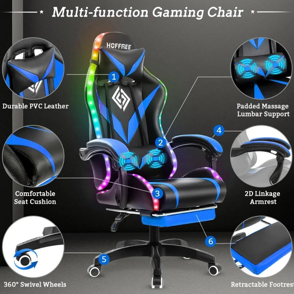 Gaming chair with massage and LED lights Ergonomic video gaming chair, reclining computer chair