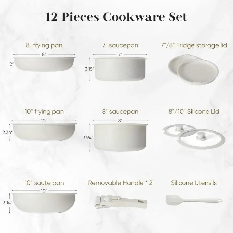 12 Pcs Pots and Pans Set Nonstick - Kitchen Cookware Set with Detachable Handle, Induction