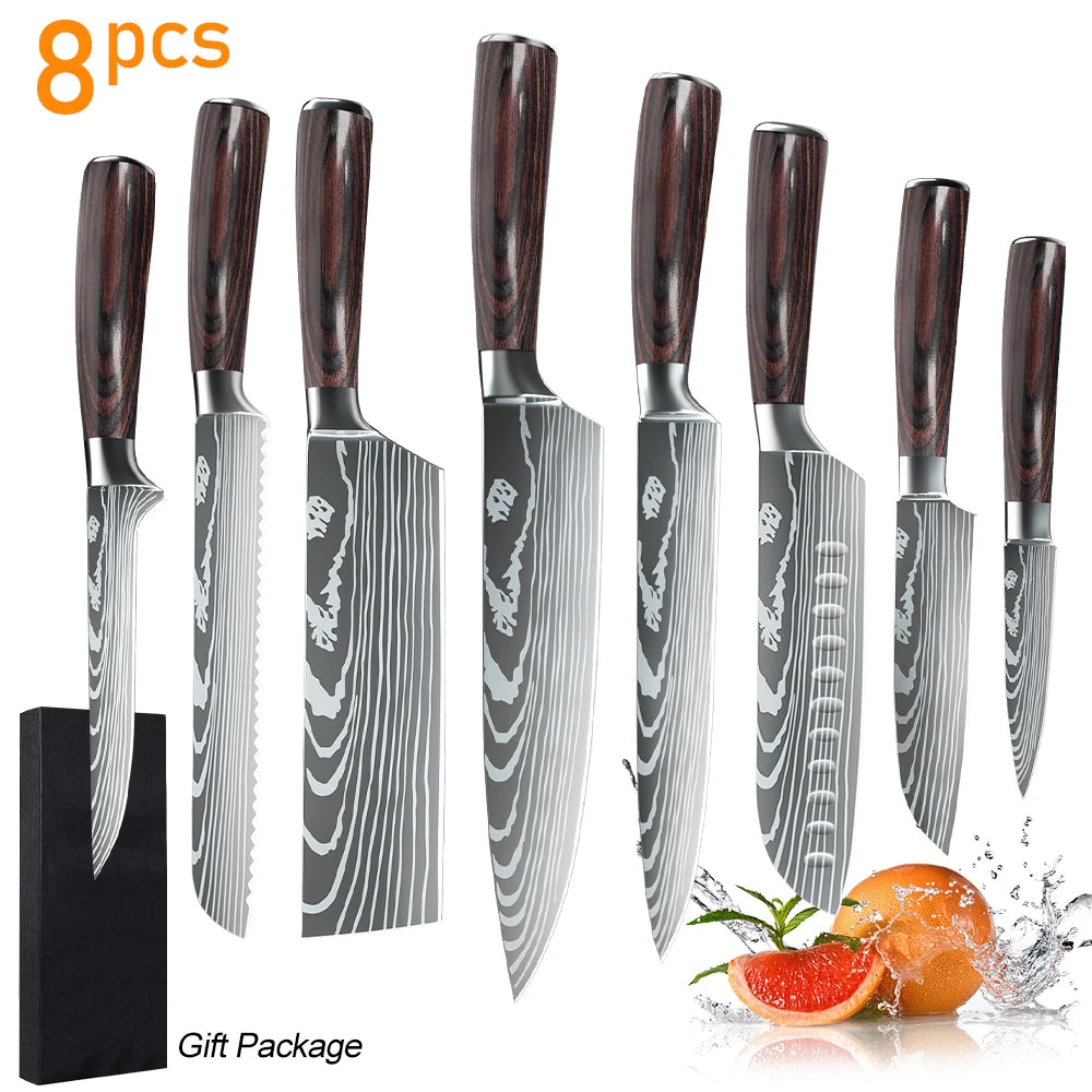 MDHAND 8/10pcs Kitchen Knives Set Laser Damascus Pattern Chef Knife High Carbon Stainless Steel