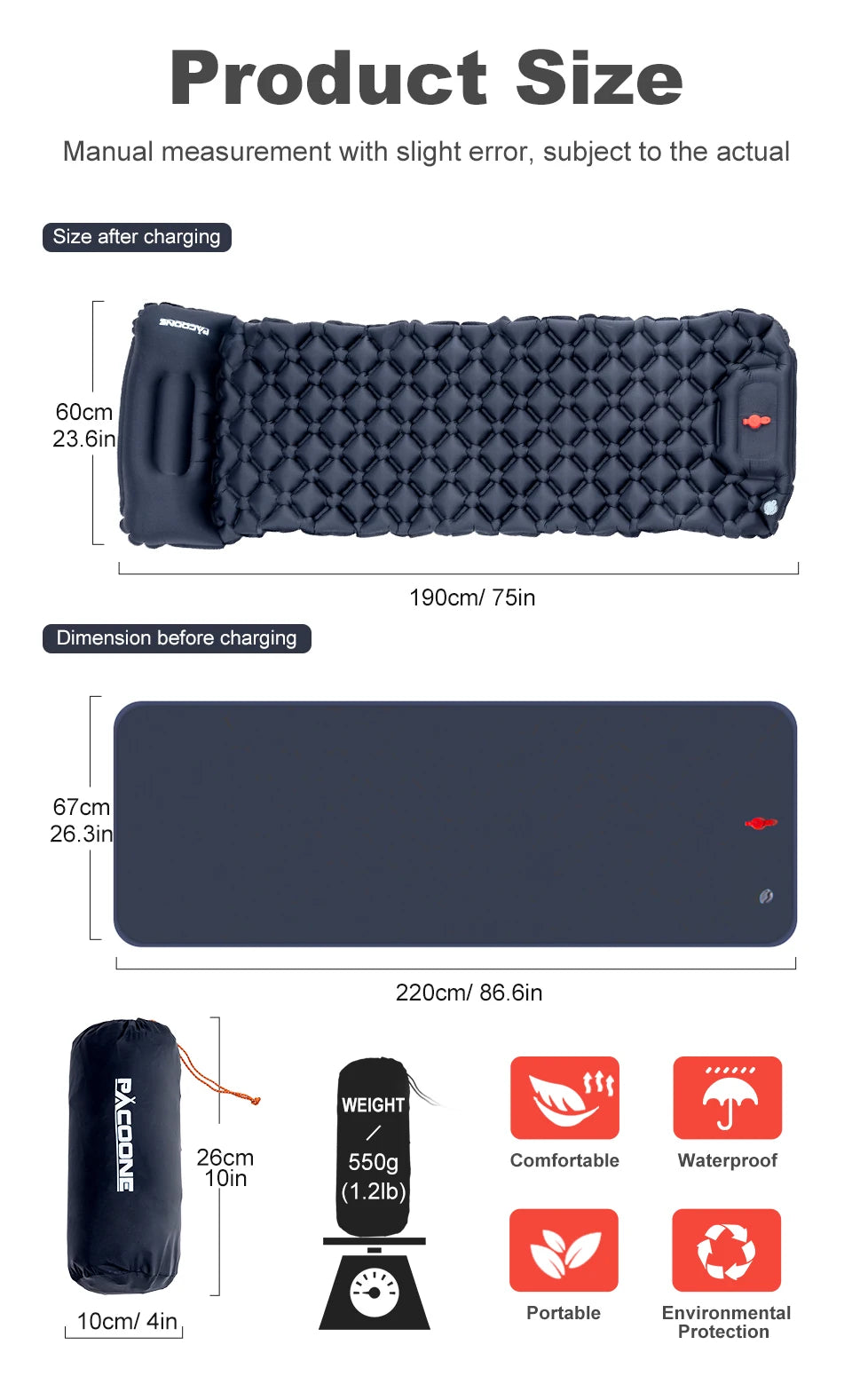 PACOONE Camping Inflatable Mattress Built-in Pump Ultralight Air Cushion Travel Mat With Headrest