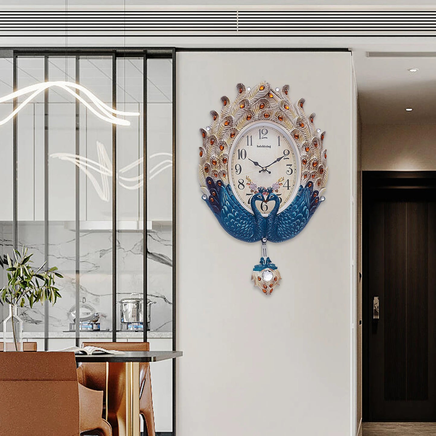 Exquisite Wall-Mounted Pendulum Clock w/Lifelike Animal Feathers, Large Dial, Quartz Movement,