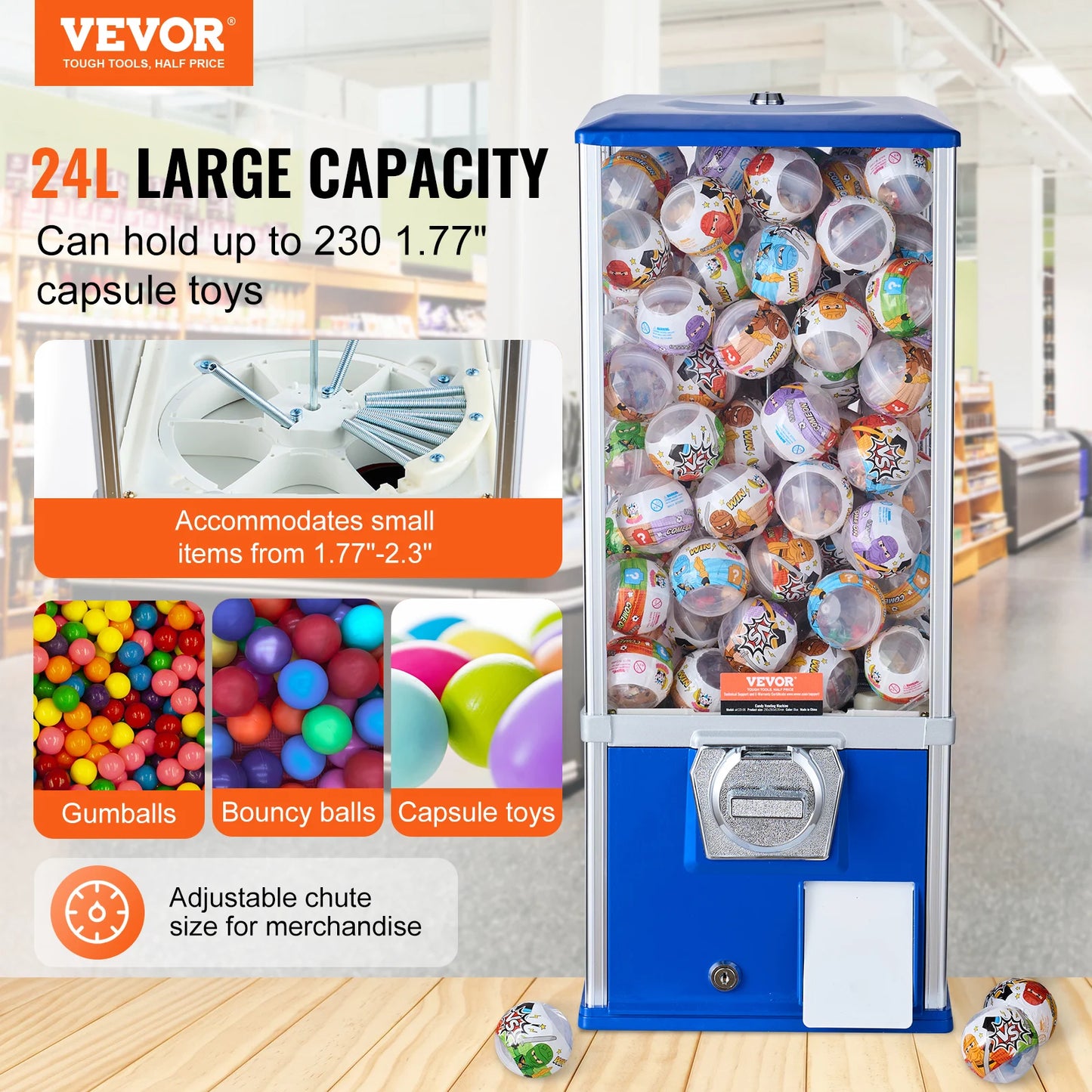 VEVOR 25inch Gumball Machine for Kids PS 230 Capsule Toys Rectangle Blue/Red Coin Operated