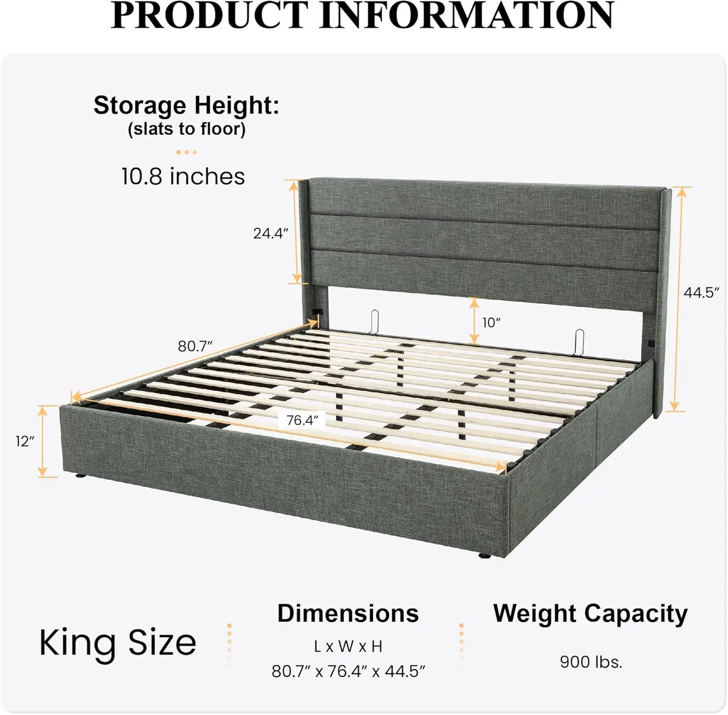 Sha Cerlin King Size Lift Up Storage Bed/Modern Wingback Headboard/Upholstered Platform Bed Frame/Hydraulic