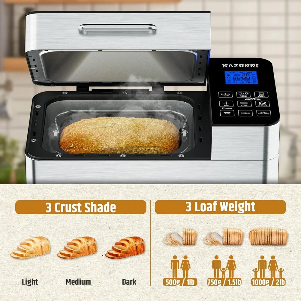 Bread Maker Machine Stainless Steel/Nonstick Bread Pan/Homemade 2Lbs Breadmaker, Gluten-Free Setting