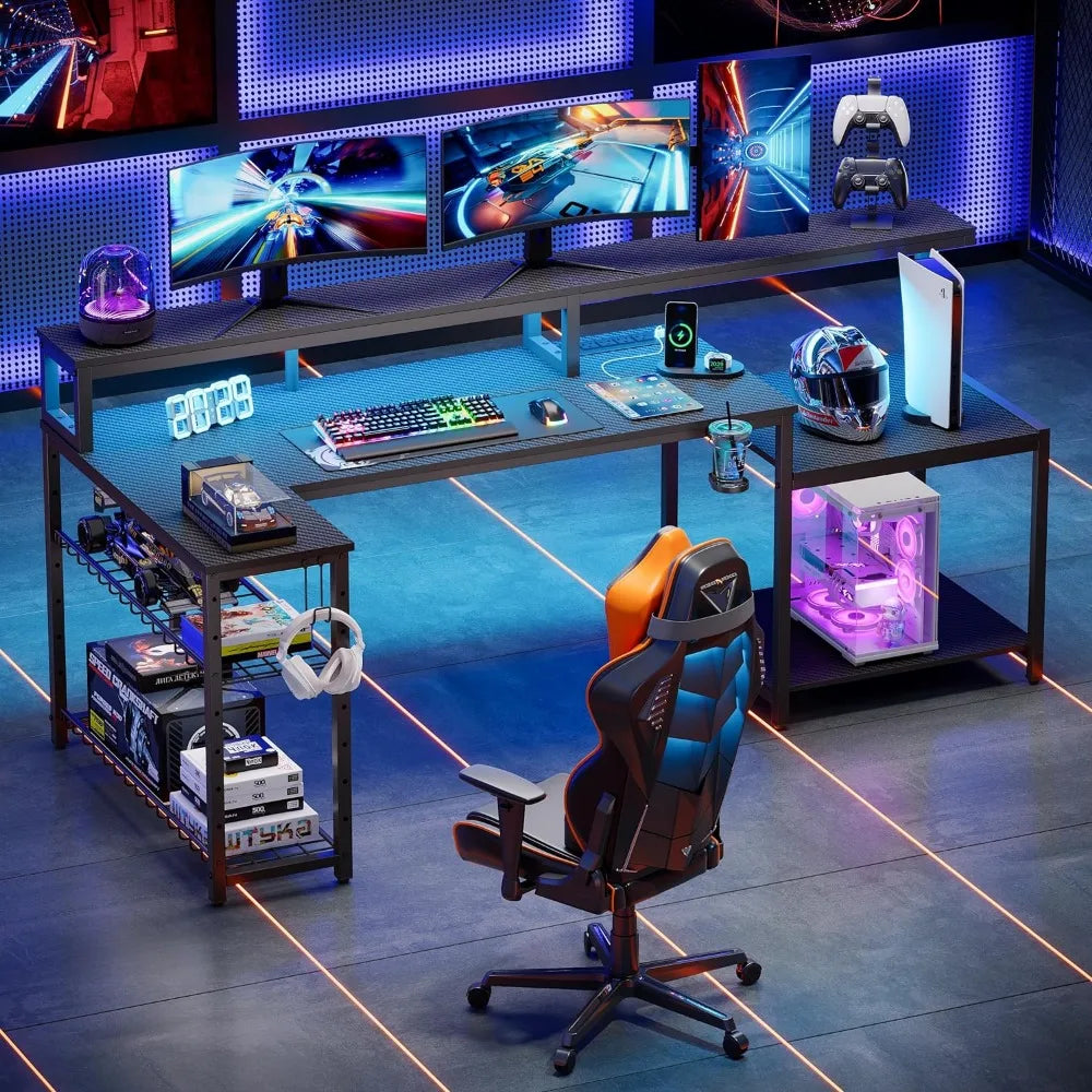 Bestier Gaming Desk with Power Outlets, 71.5 LED Computer Desk with Long Monitor Stand, Large L Shaped Corner Desk with Storage