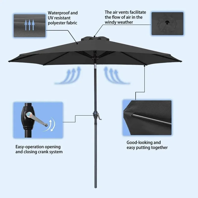 LISM 9FT Patio Umbrella Outdoor Market Table Umbrella w/Push Button Tilt, Crank & 8 Sturdy Ribs