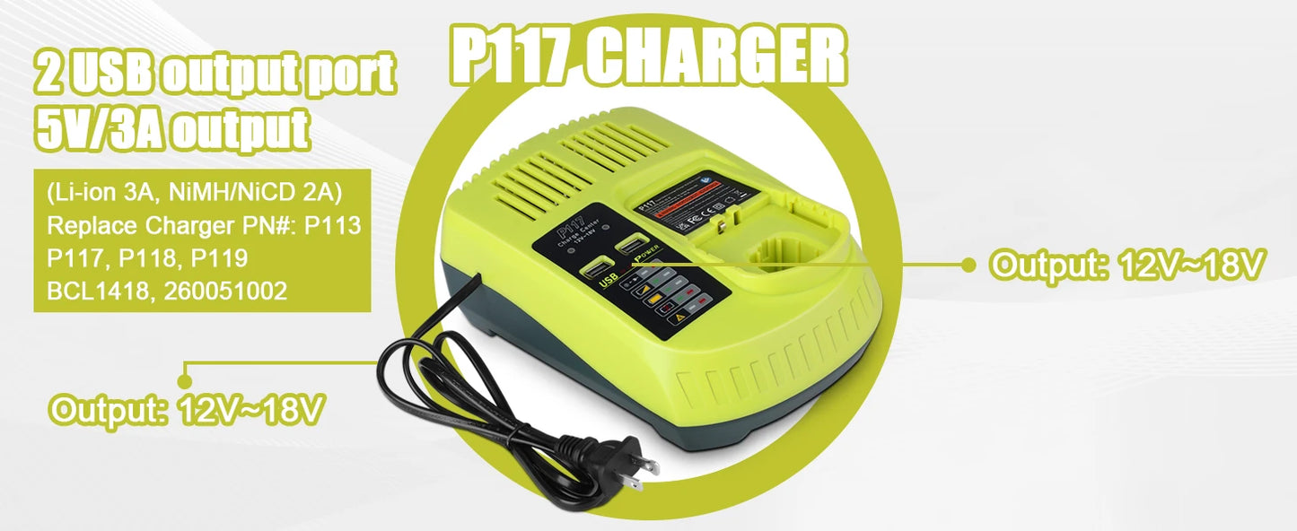 2 Pack 3.5Ah 18V Battery+Charger Combo/Ryobi ONE+ Battery P102 P103 P104 P105 P107 P109 P117 P190