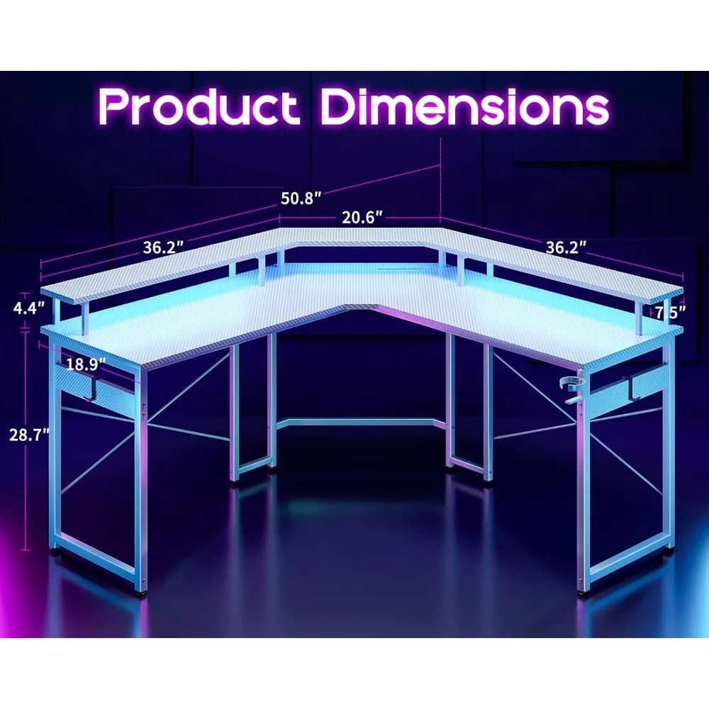 L Shaped Gaming Desk with LED Lights & Power Outlets, 51" Computer Desk w/Full Monitor Stand