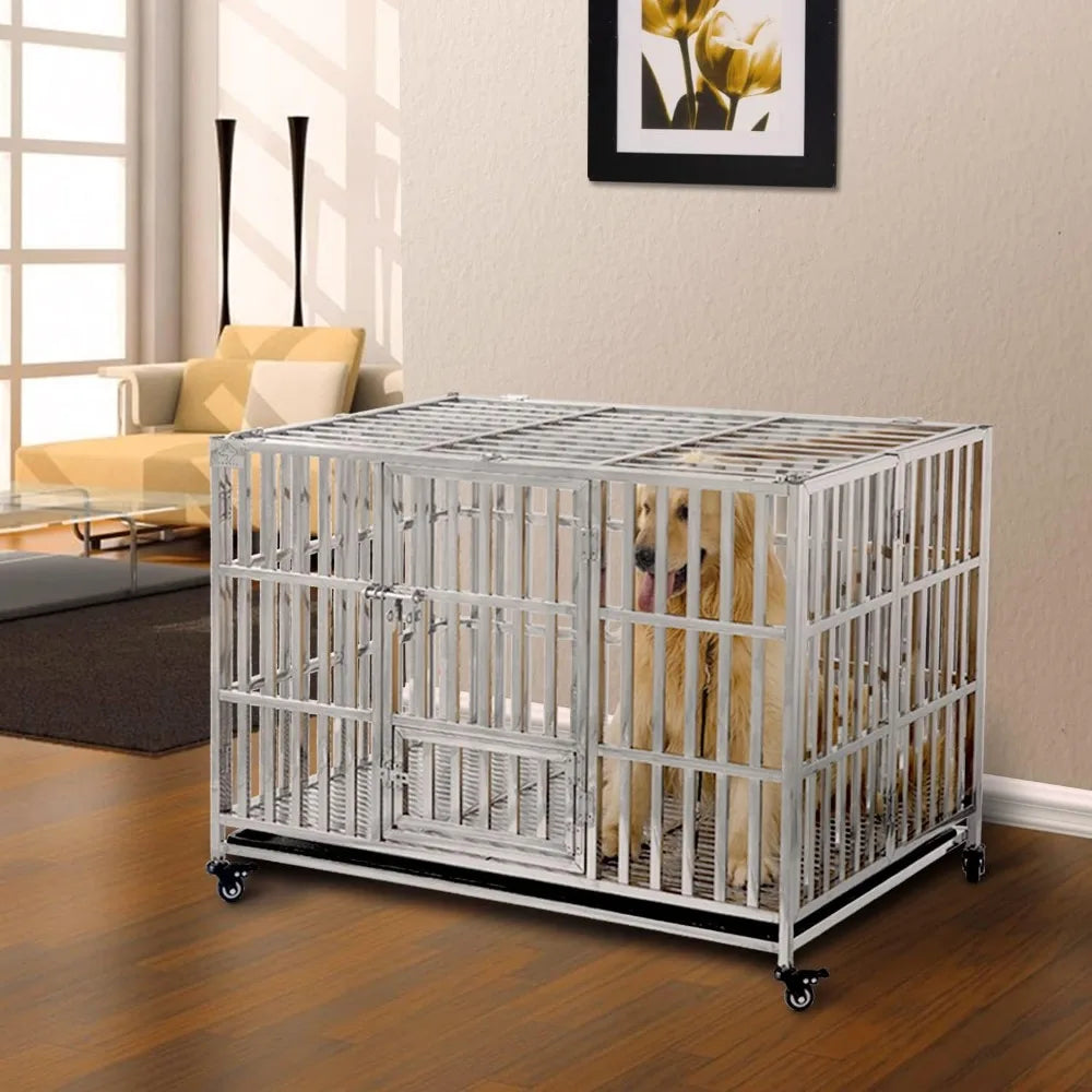 48" Stackable Heavy Duty Pet Stainless Steel Kennel Cage for Large Dogs with Tray in-Door Foldable