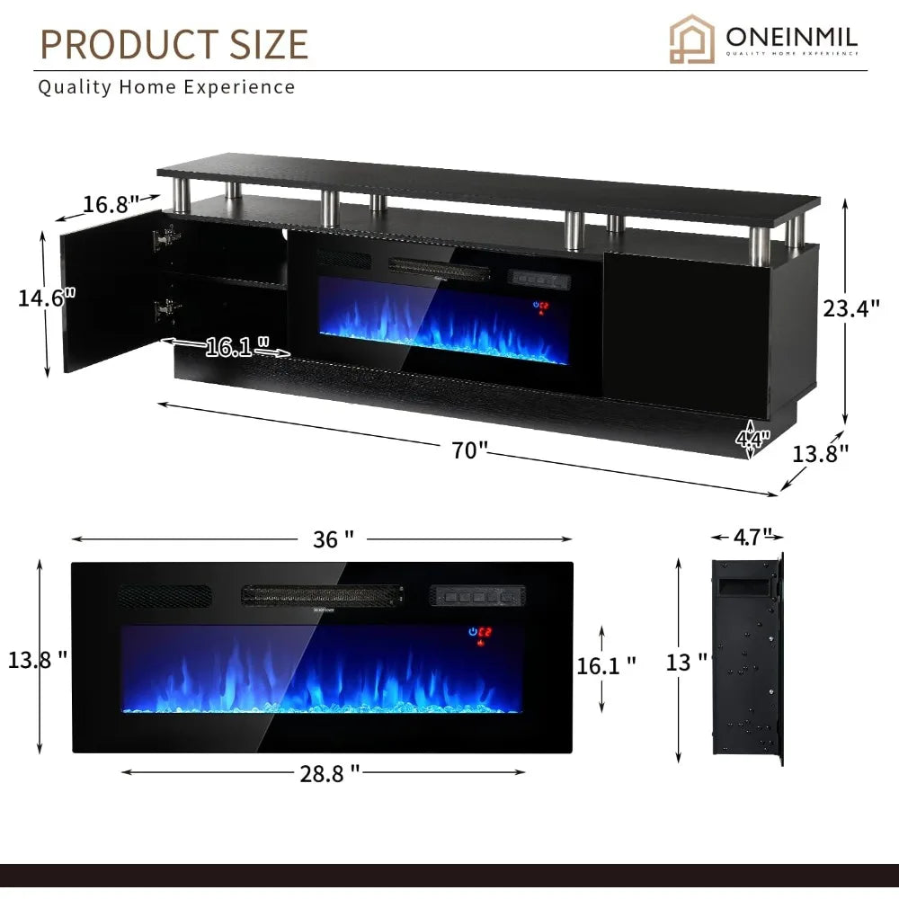 Fireplace TV Stand w/36" Electric Fireplace,LED Light Entertainment Center,2 Tier Stand Up to 80" TV