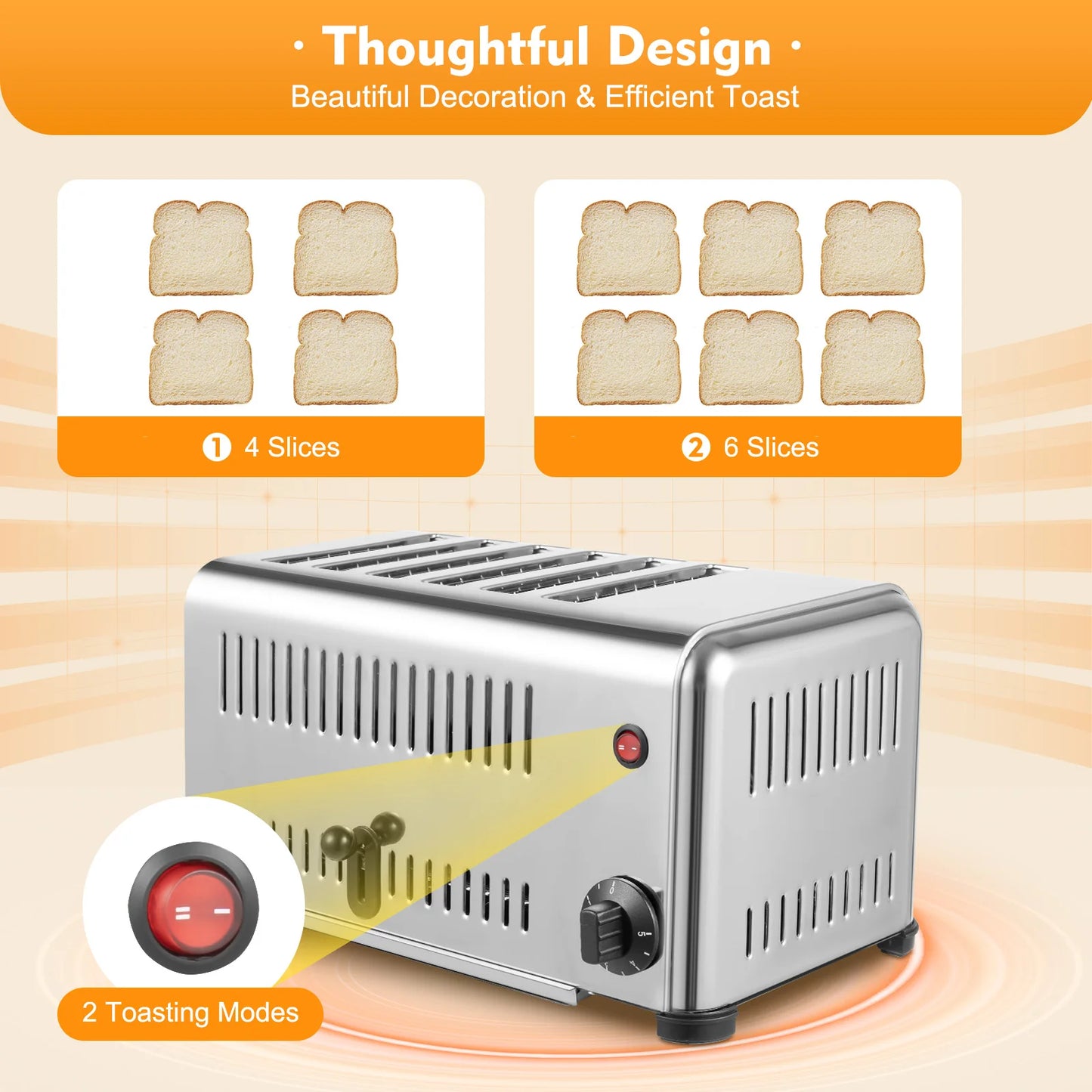 Commercial Toaster 6 Slices Stainless Steel Pop-Up Electric Toaster Machine Cool Touch Toaster Countertop Toaster