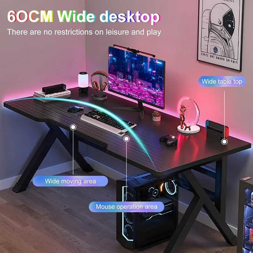 40 Inch K-shaped Gaming Table 2 Cable Holes, Adjustable Legs, Ergonomic Gaming Player Computer Desk