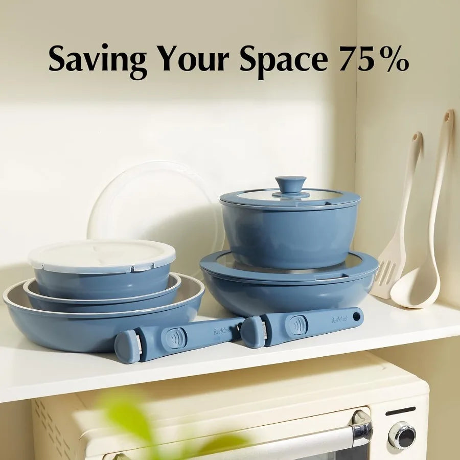 16pcs Ceramic Nonstick Pots and Pans Set Kitchen Cookware Set with Removable Handle